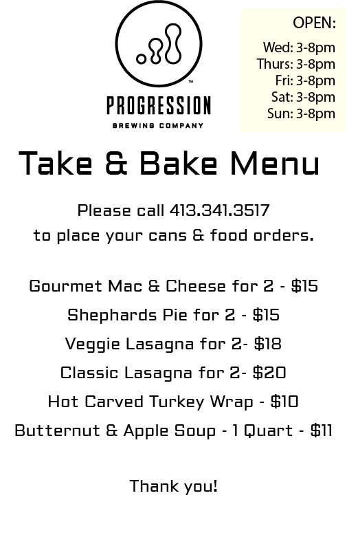 Open for "Can Sales" to go, and "Take & Bake" entrees Wednesday